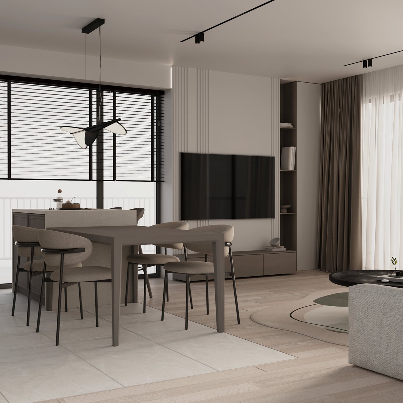 Dining cu vedere spre perete TV