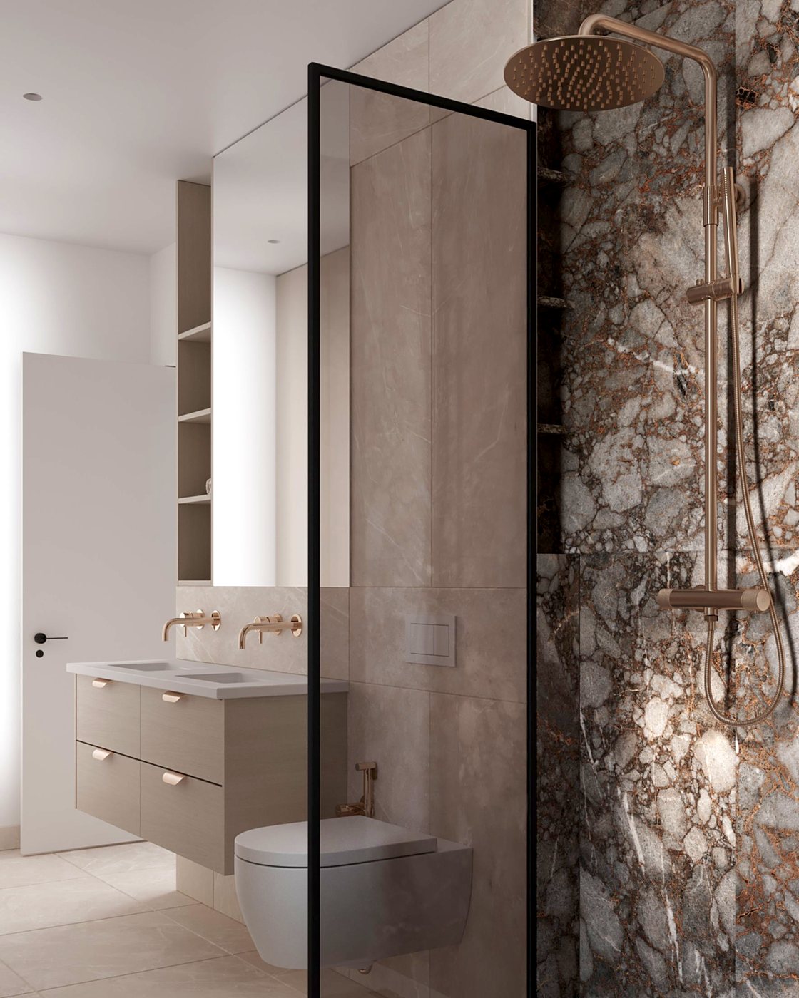 Duș walk-in cu paravan negru, coloană de duș din bronz și mobilier cu două lavoare
