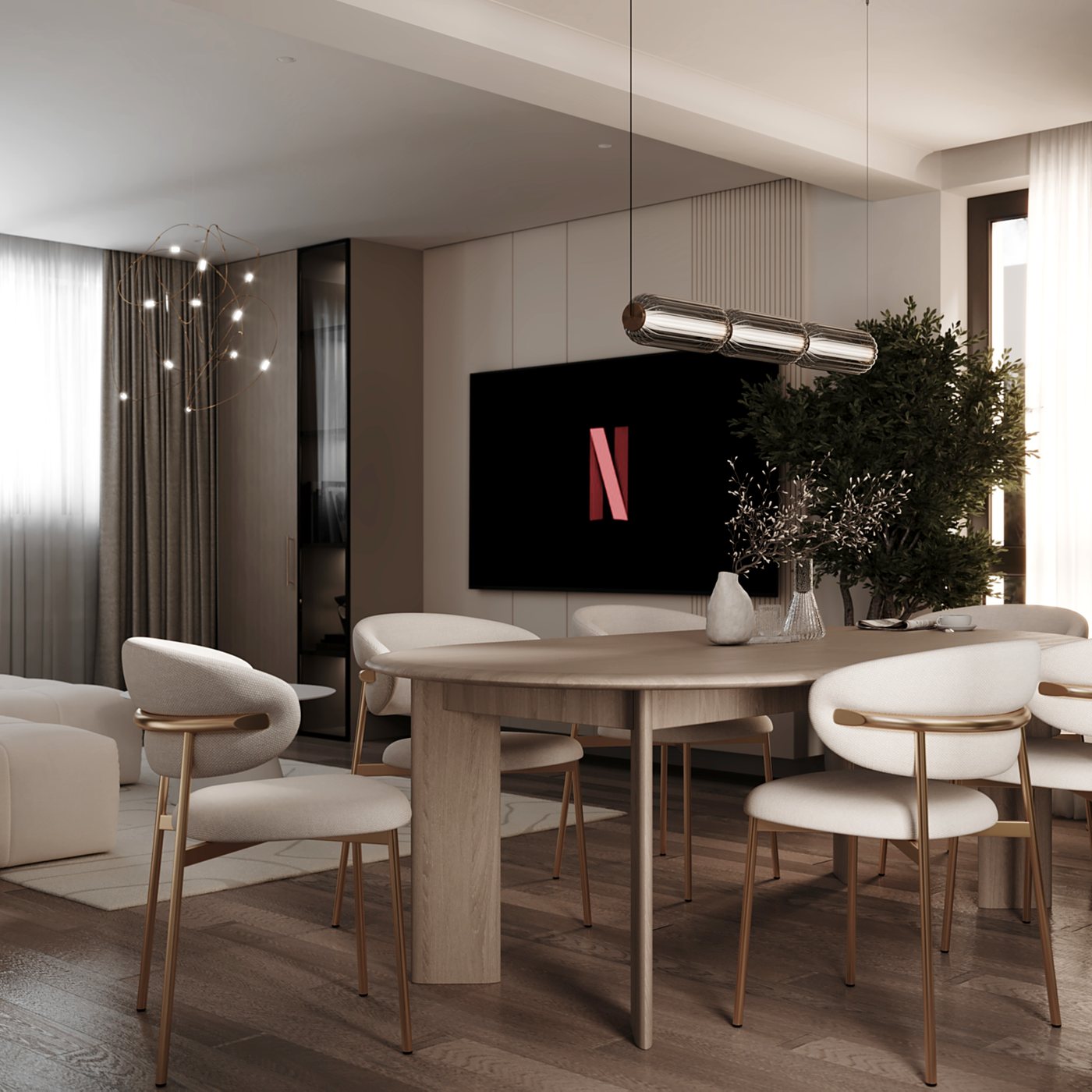 Zona de dining cu vedere spre living și peretele TV