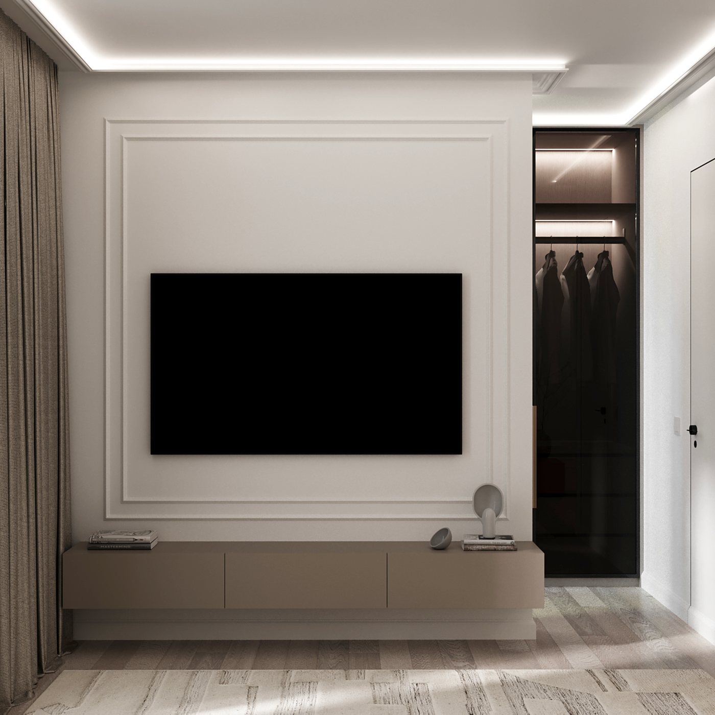 Perete TV cu ramă din profile decorative și comodă suspendată