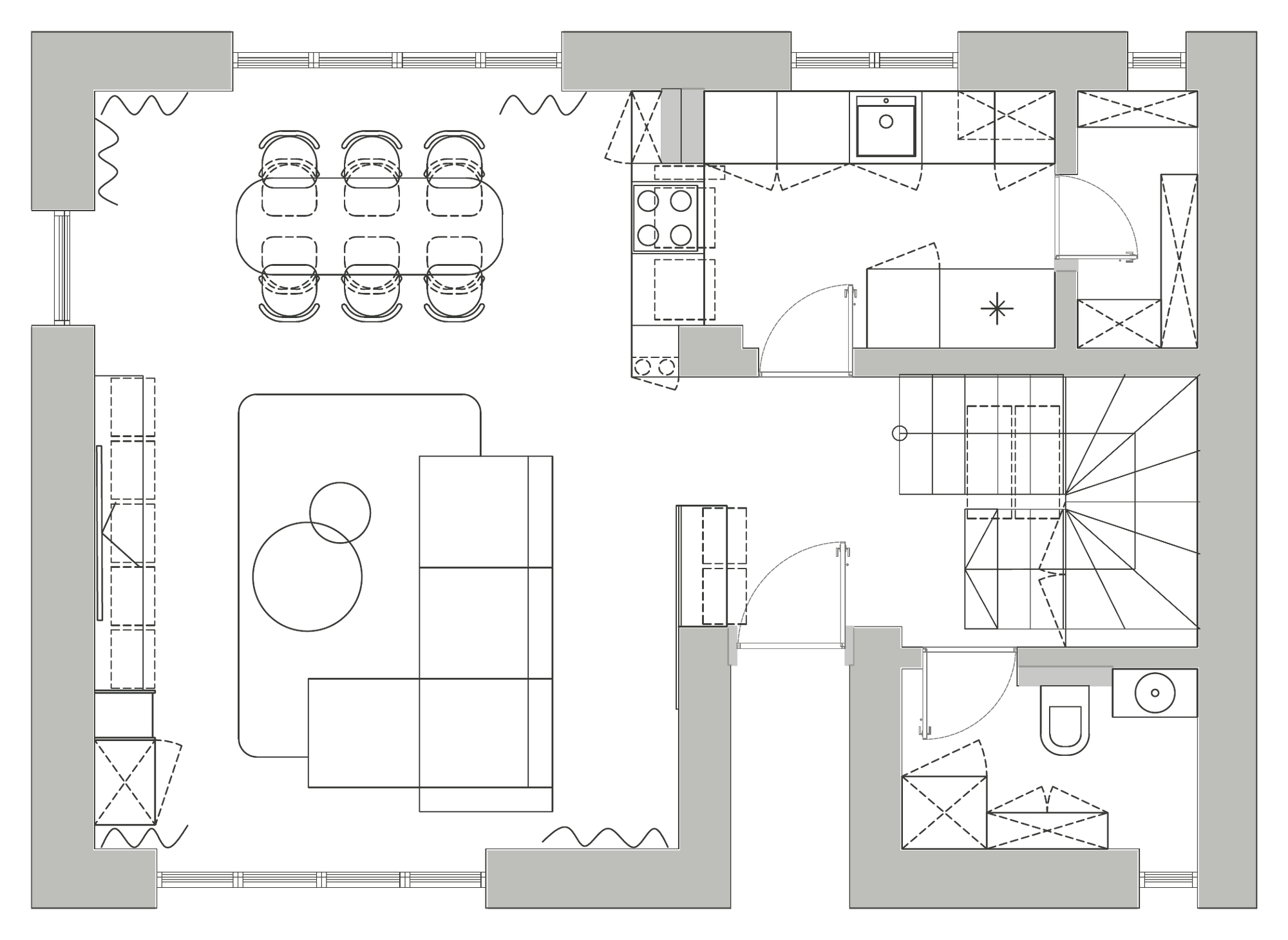 Plan de amenajare parter: living, dining, bucătărie, scară și grup sanitar